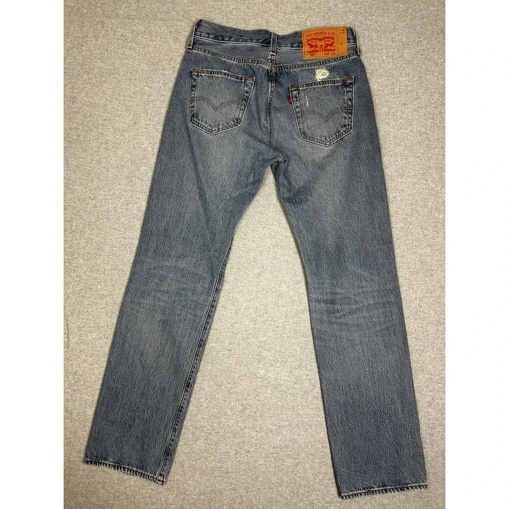 Levis‎ 501 Jeans 29x32 Blue Distressed Button Fly Straight Leg Denim Pants